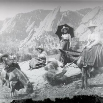 Colorado Chautauqua people on burros in the woods: Photo 5 (S-1244)