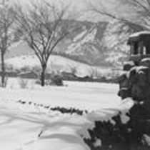 Chautauqua entrance in the snow, [1940-1950]