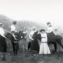 Colorado Chautauqua people on burros in the woods: Photo 6 (S-2495)
