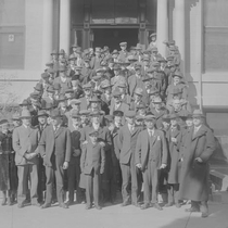 Group assembled on steps photograph, [1918]