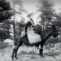 Colorado Chautauqua people on burros in the woods: Photo 2 (S-1199)