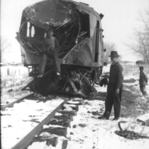 Railroad wrecked motor car on Union Pacific east of Boulder photograph, 1912